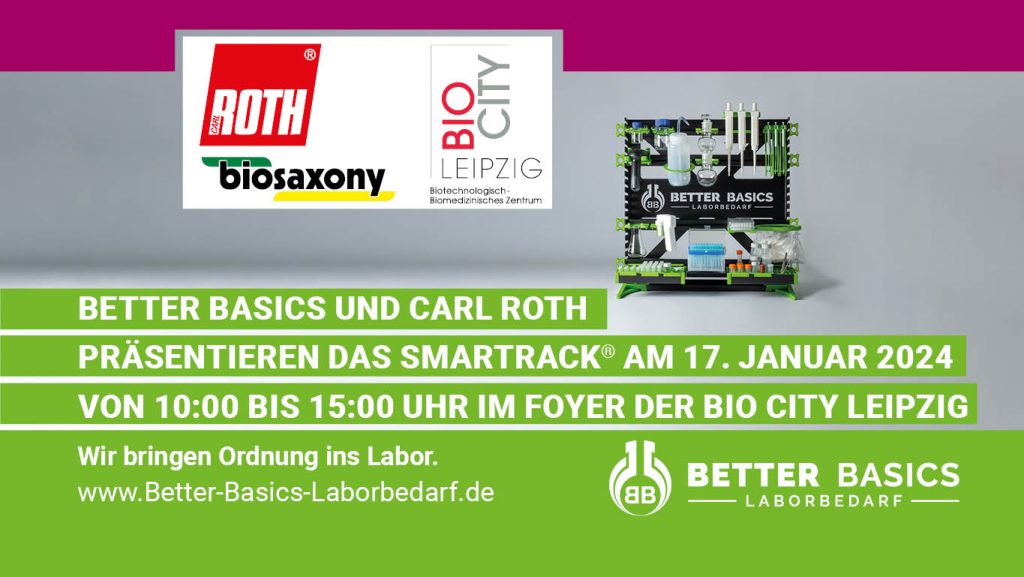 Better Basics und Carl Roth präsentieren das SmartRack® am 17. Januar 2024 von 10:00-15:00 Uhr im Foyer der BIO CITY Leipzig, Deutscher Platz 5c, 04103 Leipzig