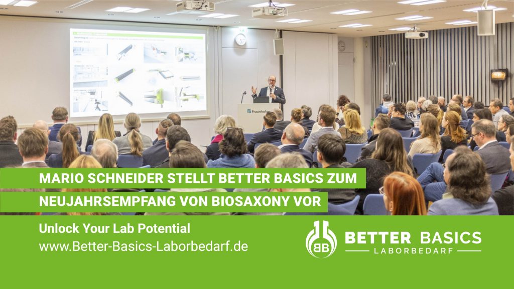 Am 20. Januar 2026 präsentierte Mario Schneider, Geschäftsführer der Better Basics Laborbedarf GmbH, beim Neujahrsempfang des Verbandes Bio Saxony im Fraunhofer-Institut für Zelltherapie und Immunologie (IZI) in Leipzig die innovativen Lösungen des Unternehmens zur Effizienzsteigerung und Arbeitsplatzorganisation im Labor.