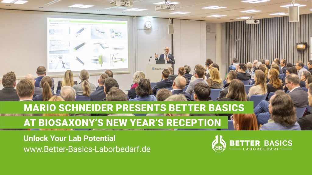 On 20 January 2026, Mario Schneider, Managing Director of Better Basics Laborbedarf GmbH, presented the company’s innovative solutions for laboratory efficiency and workplace organisation at the New Year Reception of BioSaxony, held at the Fraunhofer Institute for Cell Therapy and Immunology (IZI) in Leipzig.